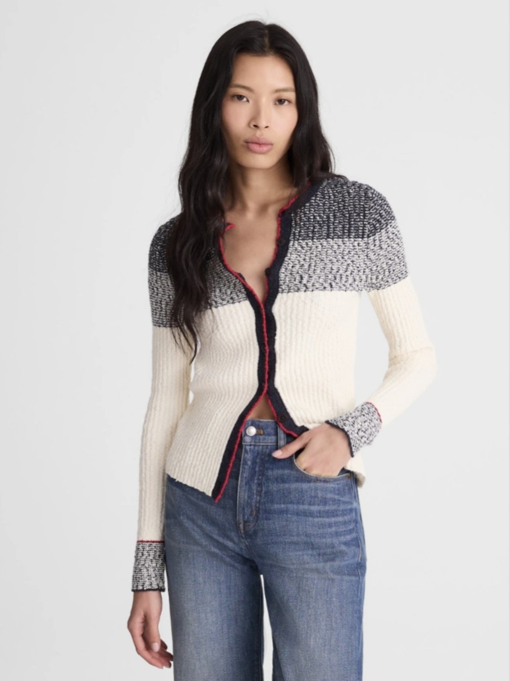 Madewell Striped Bouclé-Knit Cardigan Sweater XXS Cotton Blend 00 Button Navy
